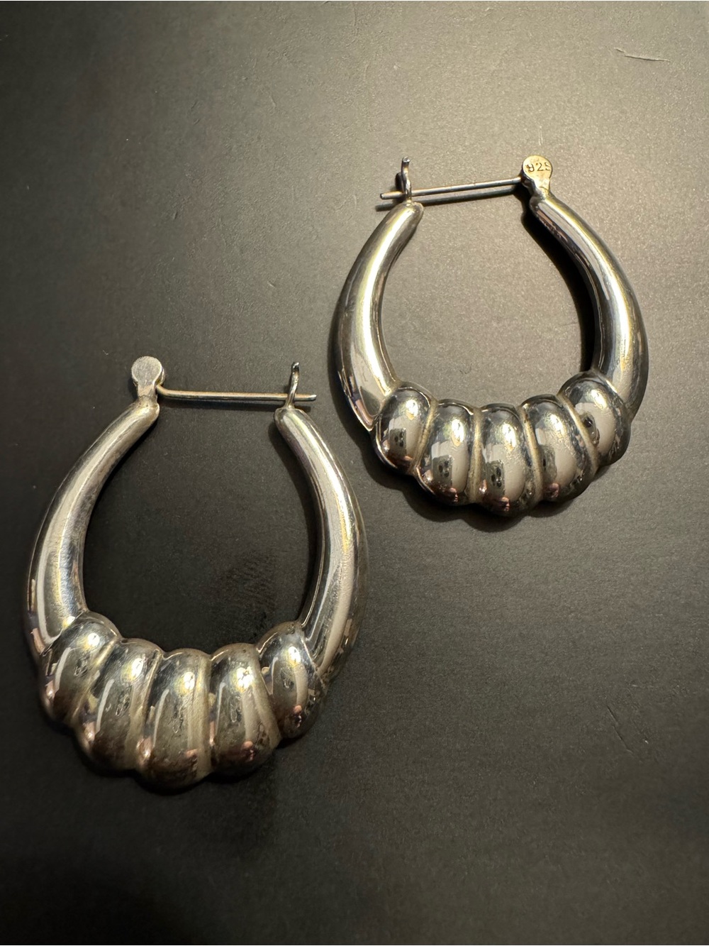 Sterling Silver Ribbed Shrimp Hoop Earrings - 1.25”